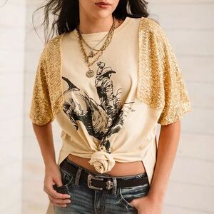 Sequin Sleeve Graphic Tee - Beige/Gold